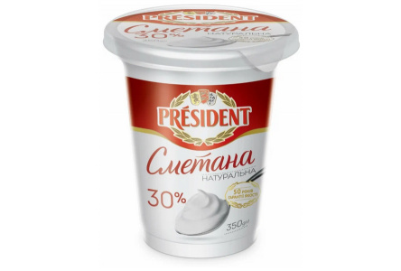 Сметана PRESIDENT 350гр 30% 1/12шт Продукт без заменителя молочного жира