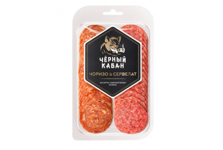 Колбаса сырокопченая ЧЕРНЫЙ КАБАН 95гр Ассорти Чоризо/сервелат нарезка 1/10шт Клинский МК