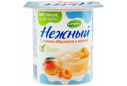 Продукт йогуртный НЕЖНЫЙ 100гр 1,2% с соком абрикос/манго 1/24шт Продукт без заменителя молочного жи