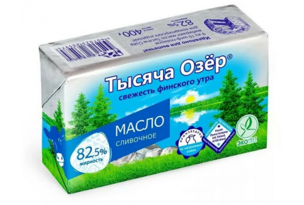 Масло сливочное ТЫСЯЧА ОЗЕР 400гр 82,5% фольга 1/8шт БЗМЖ