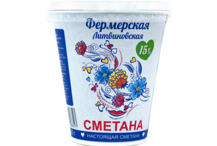 Сметана ЛИТВИНОВСКАЯ 300гр 15% Фермерская пл/ст 1/6шт