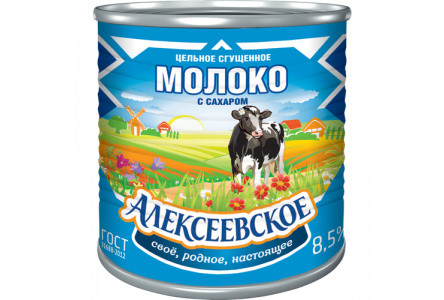 Молоко сгущенное АЛЕКСЕЕВСКОЕ 380гр Цельное с сахаром ГОСТ 8,5% ж/б 1/20шт БЗМЖ