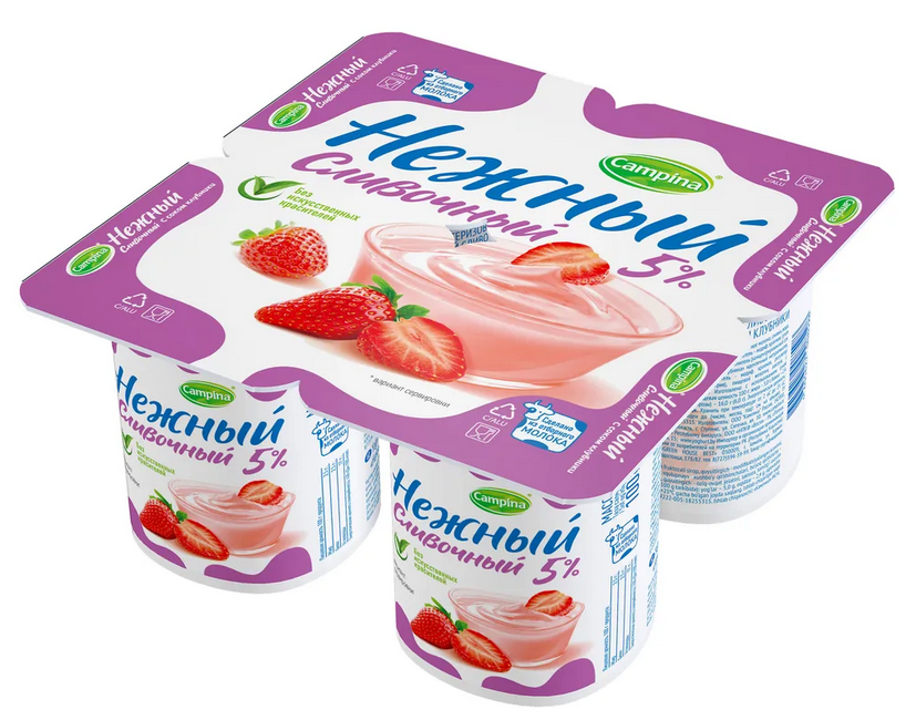 Продукт йогуртный НЕЖНЫЙ 100гр 5% с соком клубники 1/24шт Продукт без заменителя молочного жира