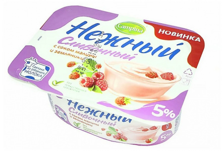 Продукт йогуртный НЕЖНЫЙ 110гр 5% с соком малины земляники 1/16шт Продукт без заменителя молочного ж