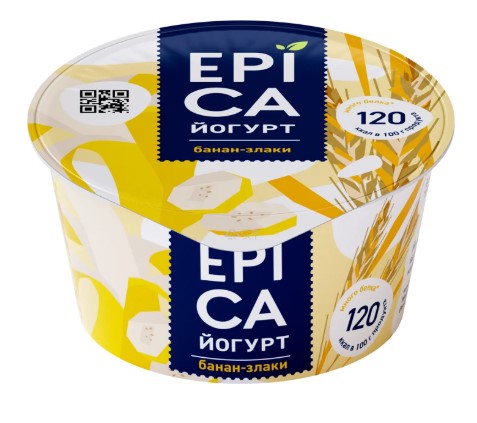 Йогурт EPICA 130гр 4,9% Банан/злаки 1/12шт Продукт без заменителя молочного жира