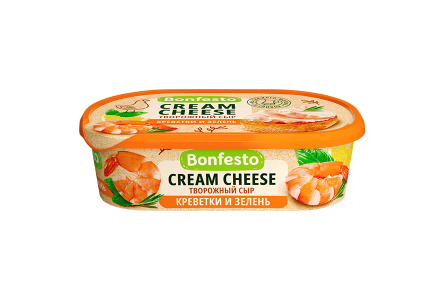 Сыр твороженый мягкий Bonfesto CREAM CHEESE 140гр 65% Креветки/Зелень 1/6шт