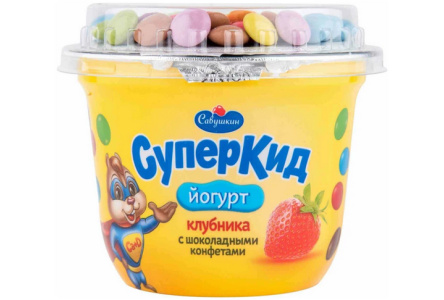 Йогурт СУПЕРКИД 103гр 2% Савушкин клубника/конфеты 1/6шт Продукт без заменителя молочного жира