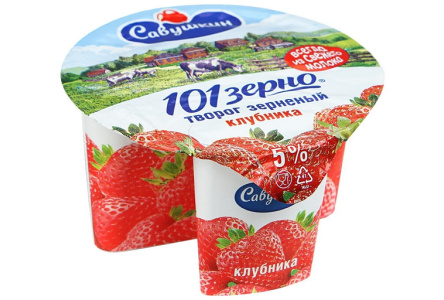 Творог зернистый 101 зерно+сливки 130гр 5% клубника 1/6шт