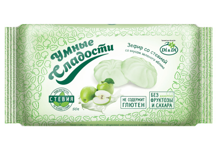 Зефир УМНЫЕ СЛАДОСТИ 50гр Зеленое яблоко со стевией 1/24шт