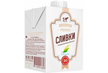 Сливки питьевые Милкавита 500мл 10% т/п 1/12шт