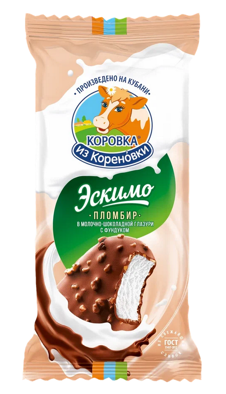 Мороженое КОРОВКА ИЗ КОРЕНОВКИ 70гр Пломбир ванильный с фундуком эскимо 1/20шт БЗМЖ
