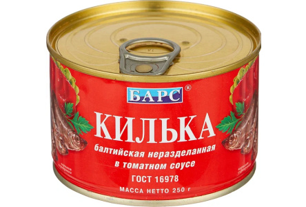 Килька БАРС 250гр Копченая балтийская в т/с ж/б ключ 1/24шт