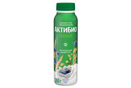 Йогурт питьевой АКТИБИО 260гр 1,6% Черника/семена льна 1/9шт Продукт без заменителя молочного жира