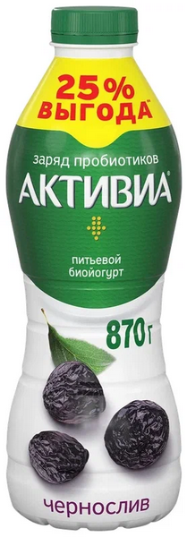 Йогурт питьевой АКТИБИО 870гр 2% Чернослив 1/6шт Продукт без заменителя молочного жира