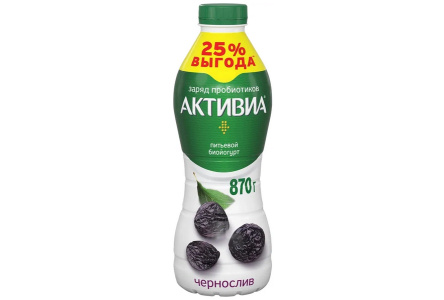 Йогурт питьевой АКТИБИО 870гр 2% Чернослив 1/6шт Продукт без заменителя молочного жира