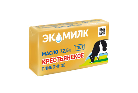 Масло сливочное ЭКОМИЛК 330гр 72,5% Крестьянское ГОСТ 1/8шт БЗМЖ