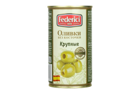 Оливки FEDERICI 350г крупные б/к ключ ж/б 1/12шт