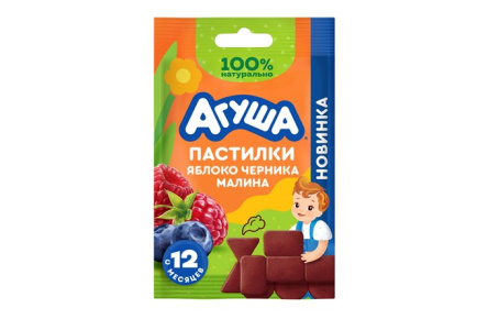 Пастилки фруктовые АГУША 12гр Черника/малина/яблоко с 12мес 1/10шт