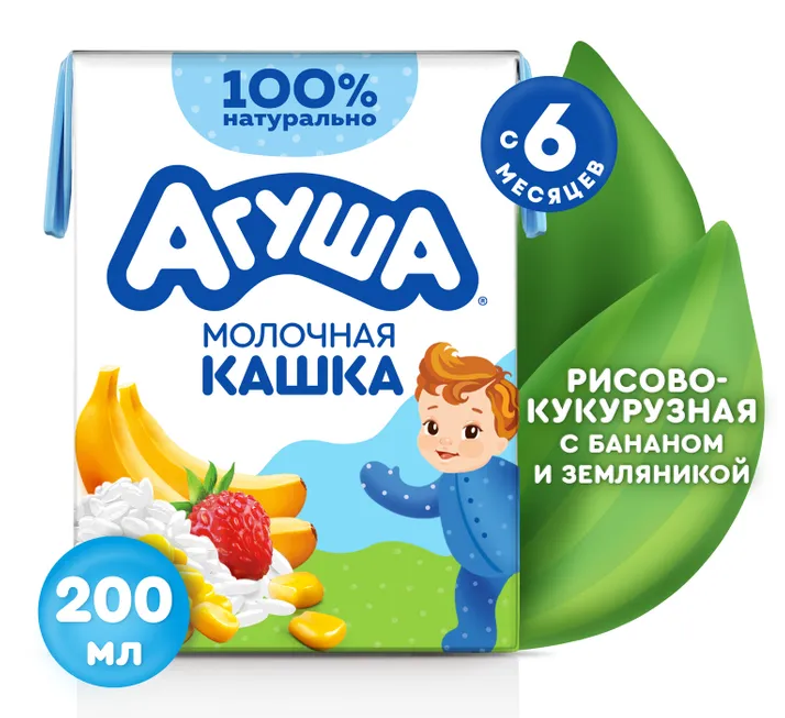 ДП Каша АГУША Вставай-ка 200мл 2,% Рисово-кукурузная Банан/земляника 6мес т/п 1/10шт