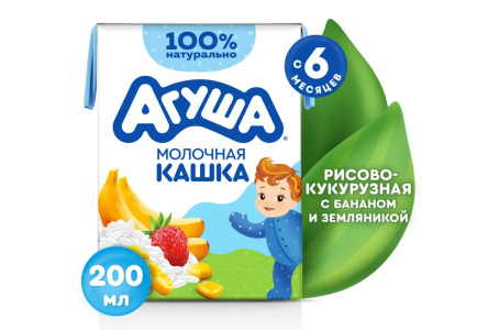 ДП Каша АГУША Вставай-ка 200мл 2,% Рисово-кукурузная Банан/земляника 6мес т/п 1/10шт