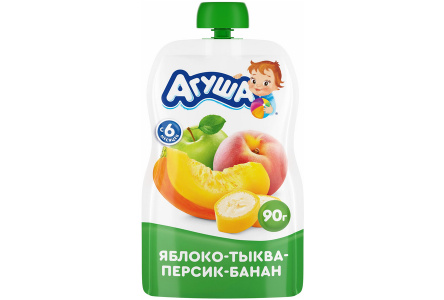 ДП Пюре АГУША 90гр Яблоко/тыква/персик/банан м/у 1/10шт