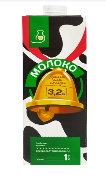 Молоко КОЛОКОЛЬЧИК 1л 3,2% т/п 1/12шт Продукт без заменителя молочного жира