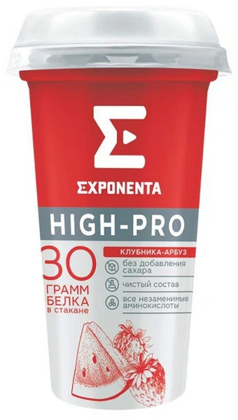 Напиток кисломолочный EXPONENTA HIGH-PRO 250гр Клубника/арбуз 30гр белка 1/6шт Беларусь БЗМЖ