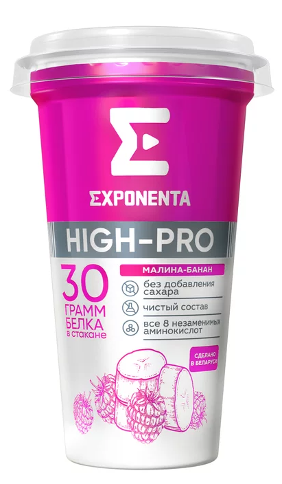 Напиток кисломолочный EXPONENTA HIGH-PRO 250гр Малина/банан 30гр белка 1/6шт Беларусь БЗМЖ