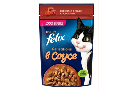 Корм д/кошек FELIX Sensations 75гр Говядина в желе с томатоми 1/26шт