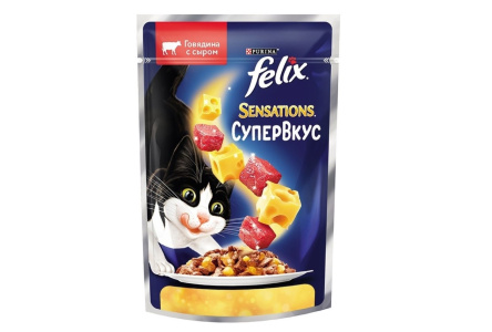 Корм д/кошек FELIX 75гр Sensations Говядина/Сыр пауч 1/26шт