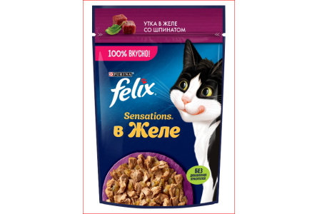 Корм д/кошек FELIX Sensations 75гр Утка и шпинат 1/26шт