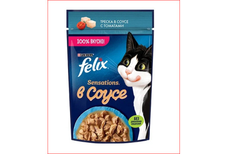 Корм д/кошек FELIX Sensations 75гр Треска/томат в соусе 1/26шт