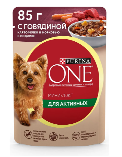 Корм д/актив собак ONE MINI 85гр говядина/картошка/морковка 1/26шт