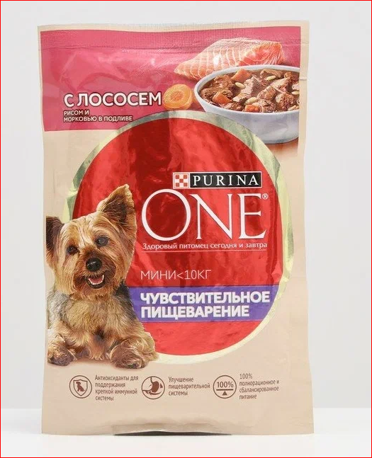 Корм д/собак PURINA ONE Мини 85гр Лосось/Рис/Морк/Чувств 1/26шт