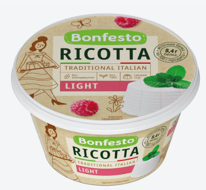 Сыр мягкий RICOTTA 40% 250гр Лайт 1/6шт Bonfesto Беларусь