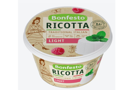 Сыр мягкий RICOTTA 40% 250гр Лайт 1/6шт Bonfesto Беларусь