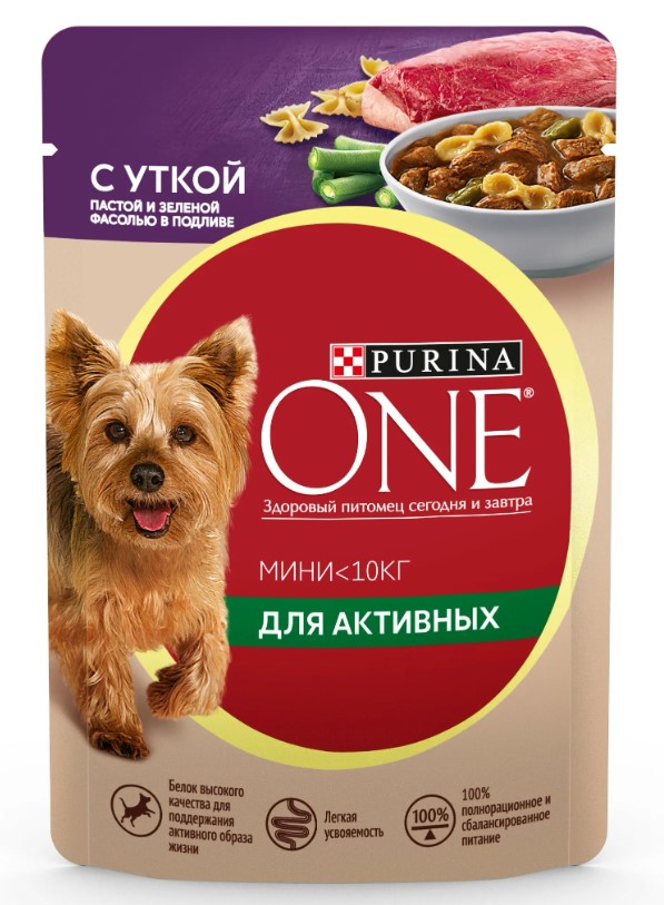 Корм д/актив собак ONE MINI 85гр утка/паста/зел.фасоль 1/26шт