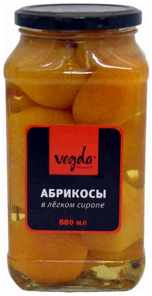 Компот VEGDA 880мл Абрикосы в легком сиропе ст/б 1/6шт