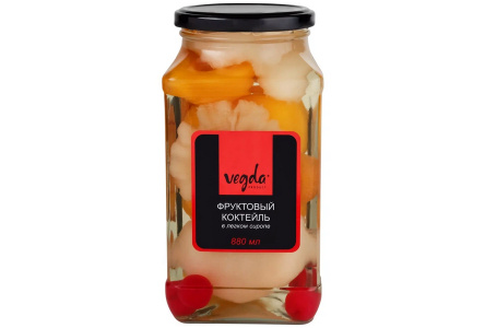 Компот VEGDA 880мл Фруктовый коктейль в сиропе ст/б 1/6шт