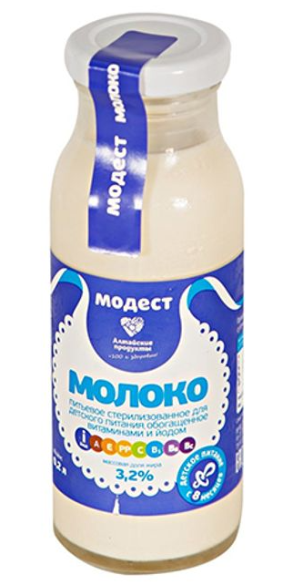 Молоко стерилизованное МОДЕСТ 200мл 3,2% с витаминами и йодом для детей c 8 месяцев с/б 1/12шт