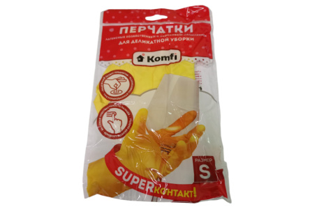 Перчатки хозяйственные KOMFI Латексные д/уборки р-р S желтые 1/240шт