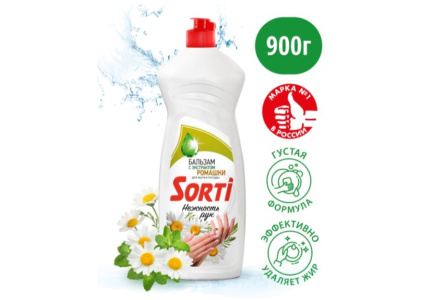 Средство д/мытья посуды КАПЛЯ SORTI 900мл Бальзам ромашка 1/12шт