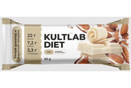 Батончик протеиновый KULTLAB DIET 60гр Белый шоколад/миндаль 1/20шт