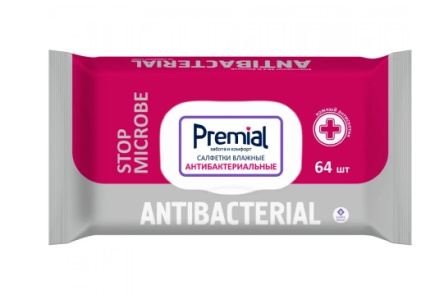 Салфетки влажные PREMIAL 64шт Антибактериальные 1/12шт