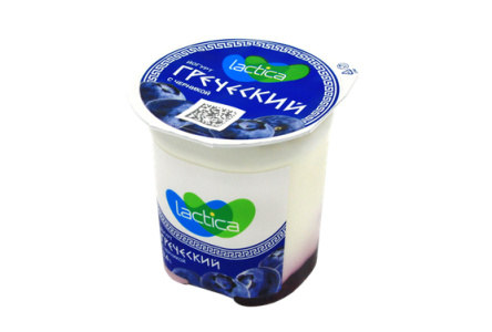 Йогурт греческий LACTICA 120гр 3,4% двухслойный Черника тф-стакан 1/12шт БЗМЖ