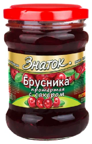 Ягода протертая ЗНАТОК 280гр Брусника с сахаром ст/б 1/12шт