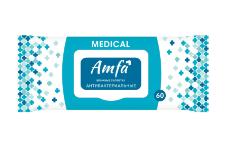Салфетки влажные AMFA MEDICAL 60шт Антибактериальные с клапаном 1/20шт