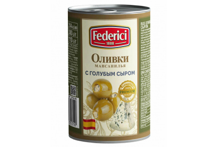 Оливки FEDERICI 300гр с голубым сыром ж/б 1/12шт