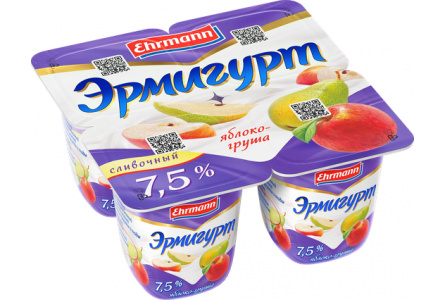 Продукт йогуртный ЭРМИГУРТ 100гр 7,5% Яблоко/груша 1/24шт Продукт без заменителя молочного жира