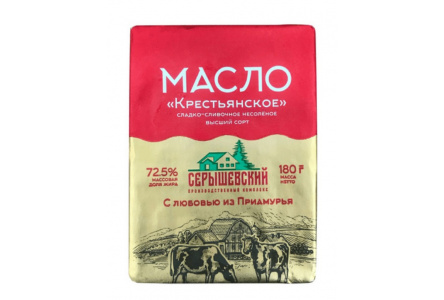 Масло сладко-сливочное СЕРЫШЕВСКИЙ 200гр 72,5% Крестьянское 1/24шт БЗЖМ